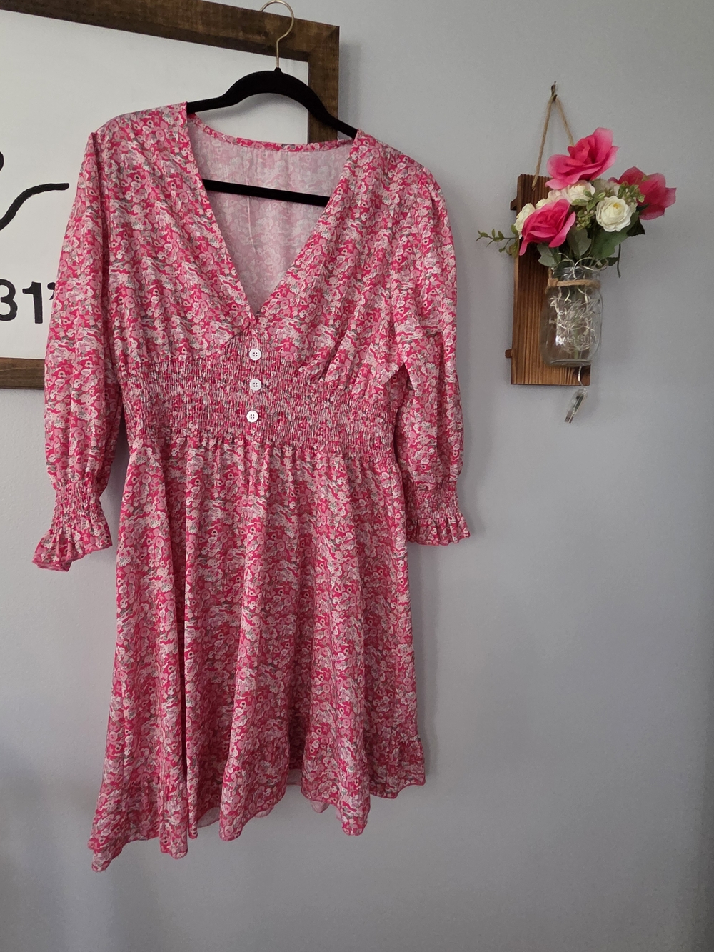 Pink Floral V-Neck Smocked Waist Dress Long Sleeve NWOT